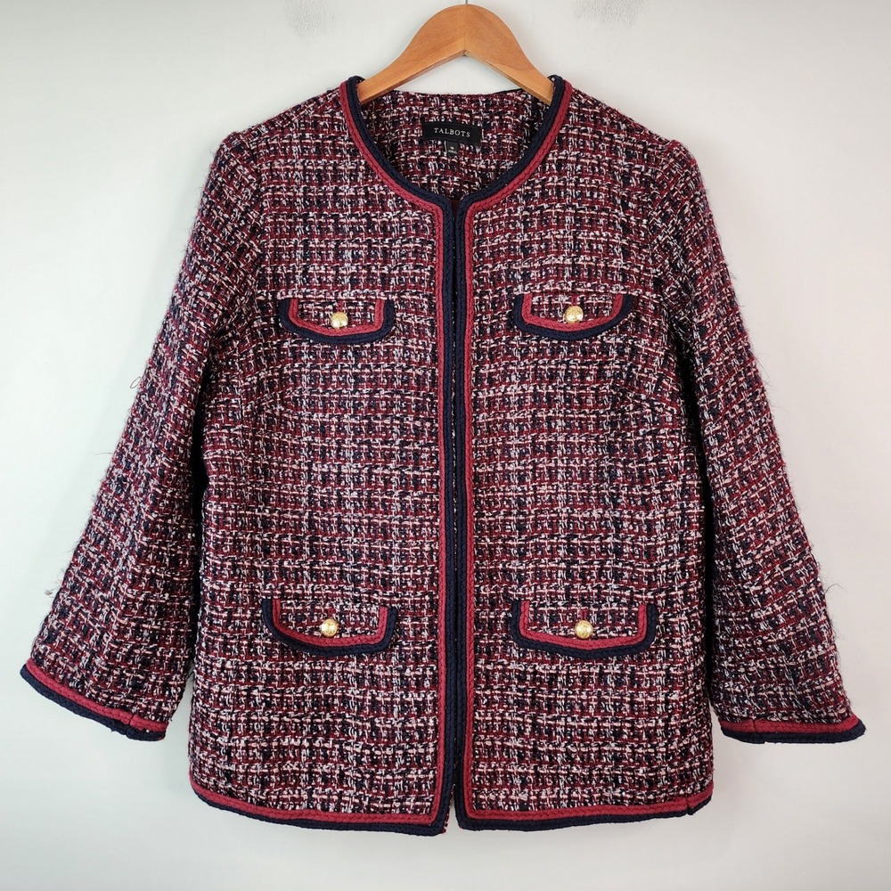Talbots Gold Button Tweed Jacket Women's 16 Burgundy Pockets Hook & Eye